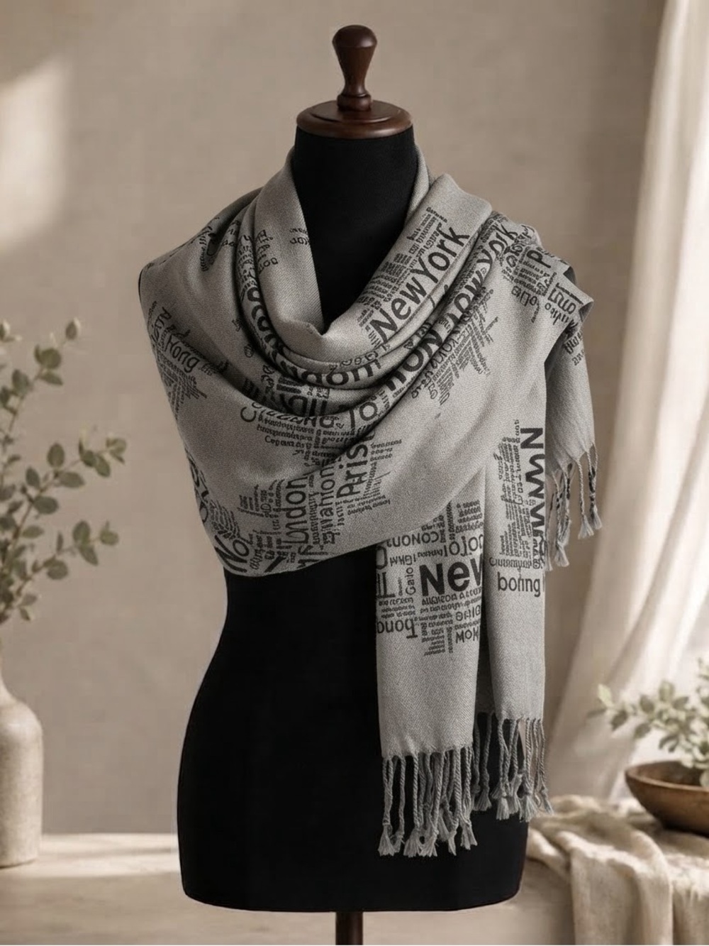 Passioni Cazzera Gray World Cities Map Print Scarf New York London Beijing